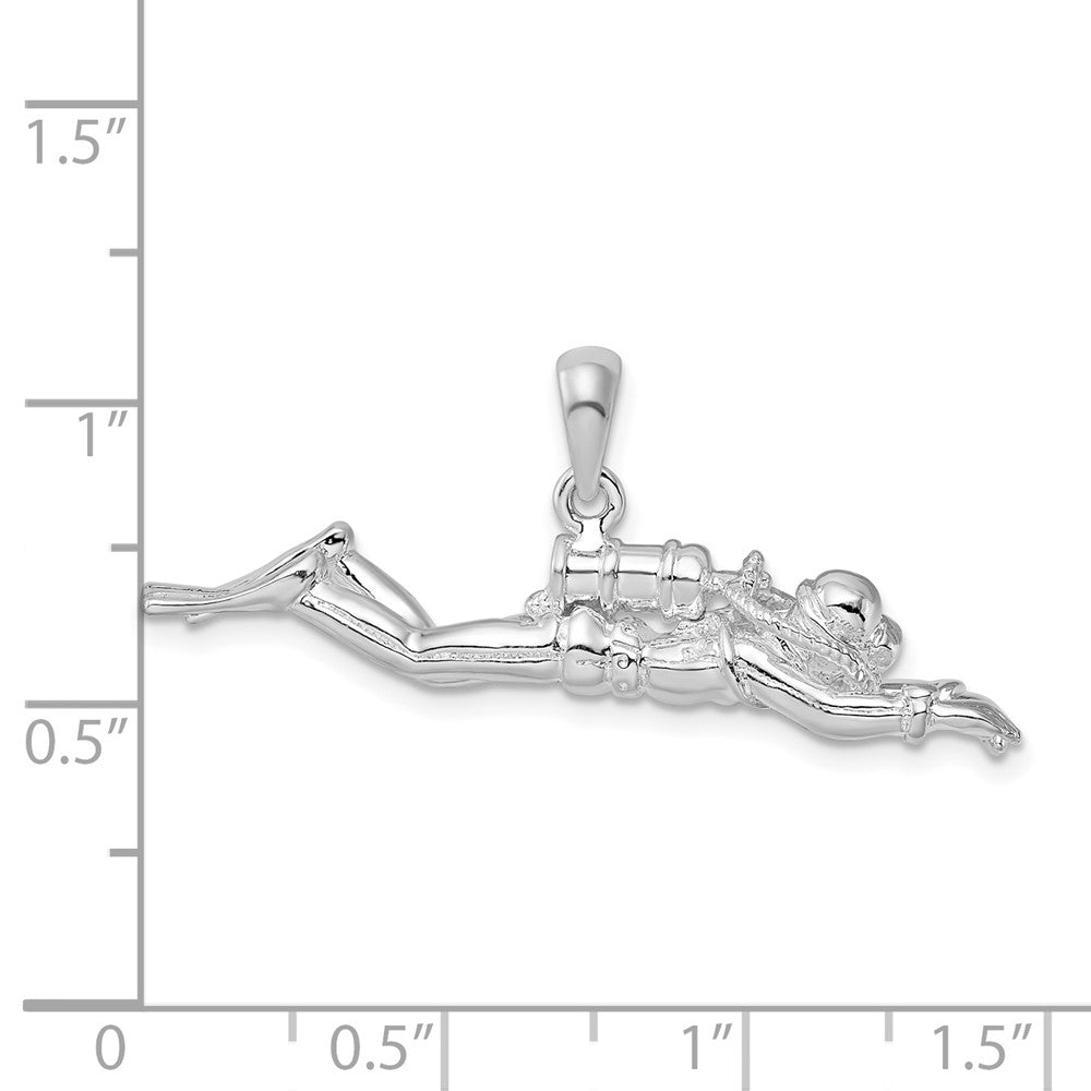 Sterling Silver De-Ani Rhodium-Plated Polished 3D Male Scuba Diver Pendant