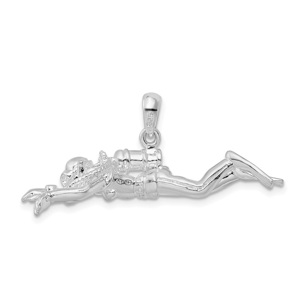 Sterling Silver De-Ani Rhodium-Plated Polished 3D Female Scuba Diver Pendant
