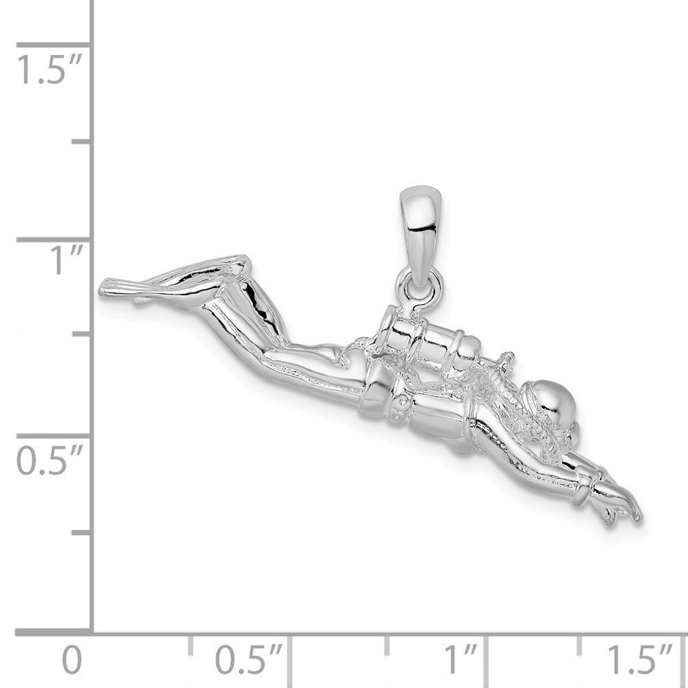 Sterling Silver De-Ani Rhodium-Plated Polished 3D Female Scuba Diver Pendant