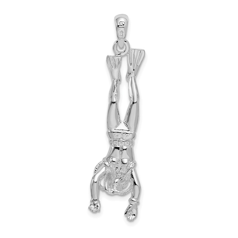 Sterling Silver De-Ani Rhodium-Plated Polished 3D Female Scuba Diver Pendant