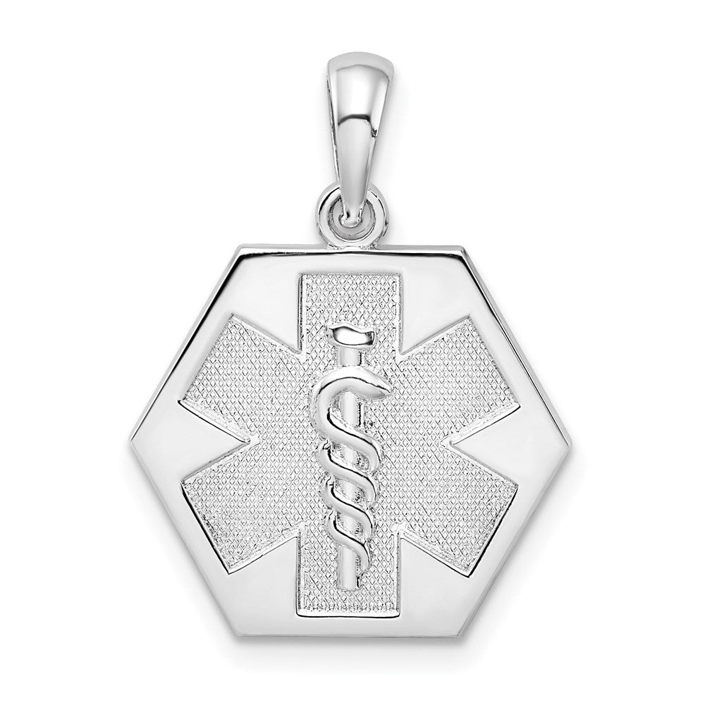 Sterling Silver De-Ani Rhodium-Plated Polished Caduceus Hexagon Disc Pendant