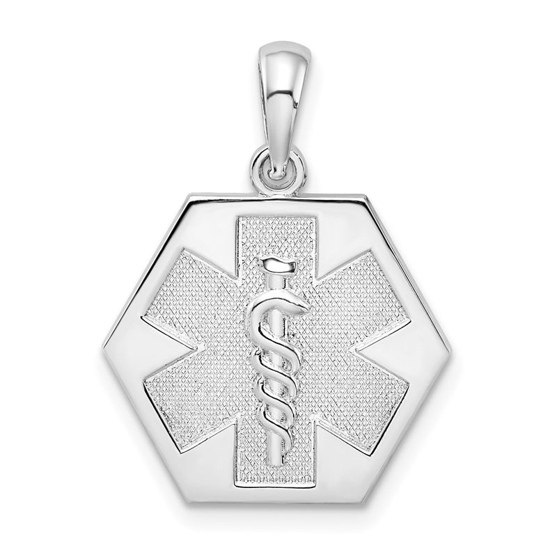 Sterling Silver De-Ani Rhodium-Plated Polished Caduceus Hexagon Disc Pendant