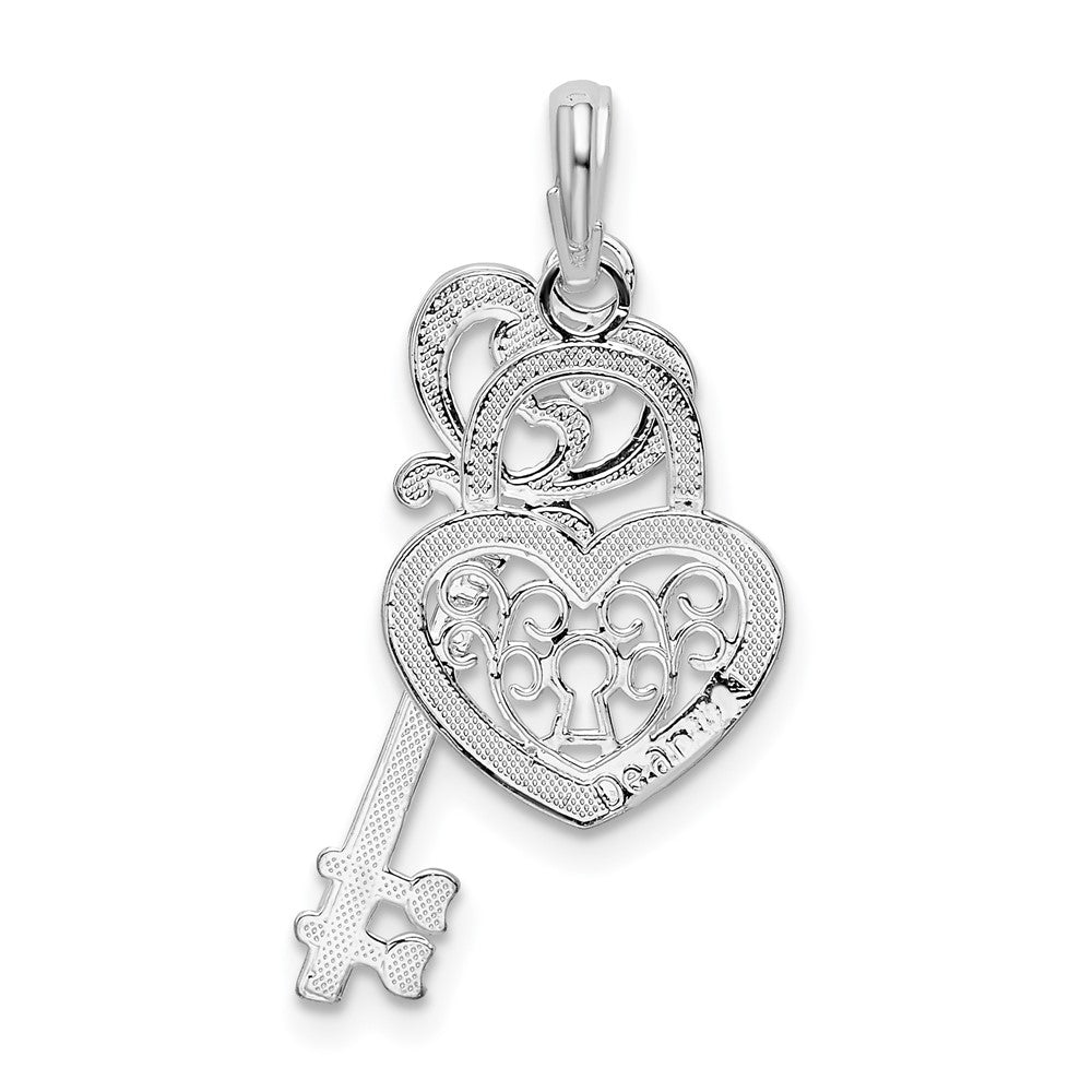 Sterling Silver De-Ani Rhodium-Plated Polished Moveable Key With Heart Lock Pendant