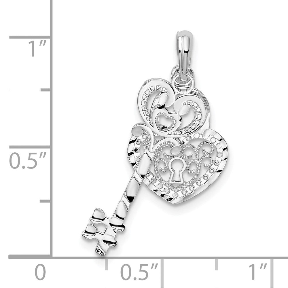 Sterling Silver De-Ani Rhodium-Plated Polished Moveable Key With Heart Lock Pendant