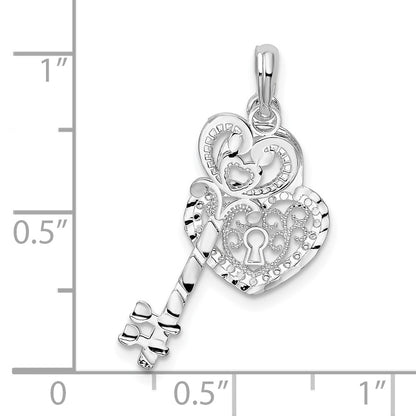 Sterling Silver De-Ani Rhodium-Plated Polished Moveable Key With Heart Lock Pendant