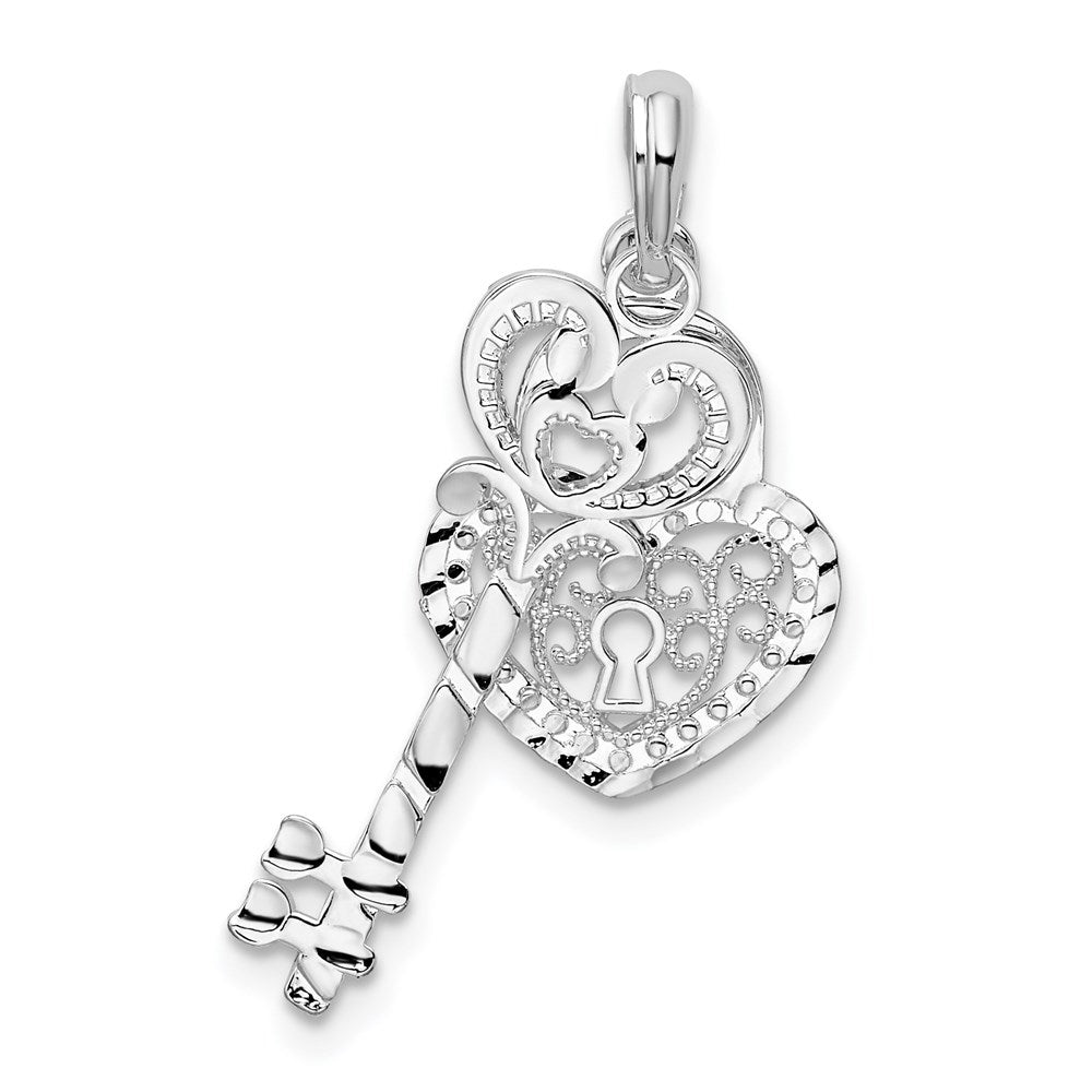 Sterling Silver De-Ani Rhodium-Plated Polished Moveable Key With Heart Lock Pendant