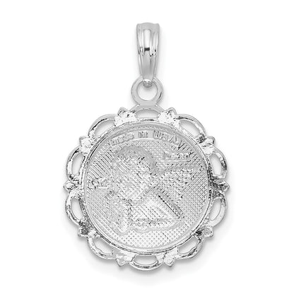 Sterling Silver De-Ani Rhodium-Plated Polished Scalloped Edge Angel Pendant