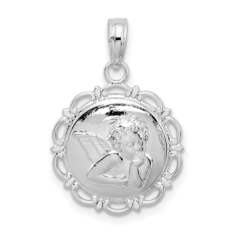 Sterling Silver De-Ani Rhodium-Plated Polished Scalloped Edge Angel Pendant