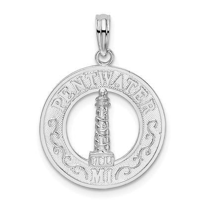 Sterling Silver De-Ani Rhodium-Plated Pentwater Michigan Circle With Lighthouse Pendant