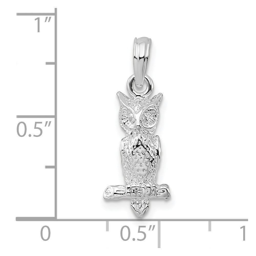Sterling Silver De-Ani Rhodium-Plated Polished 3D Owl Pendant