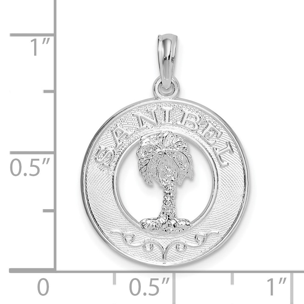 Sterling Silver De-Ani Rhodium-Plated Polished Sanibel Circle With Palm Tree Pendant