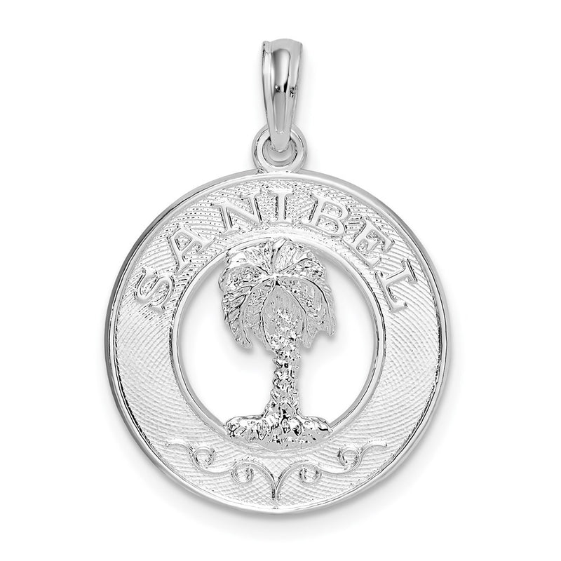 Sterling Silver De-Ani Rhodium-Plated Polished Sanibel Circle With Palm Tree Pendant
