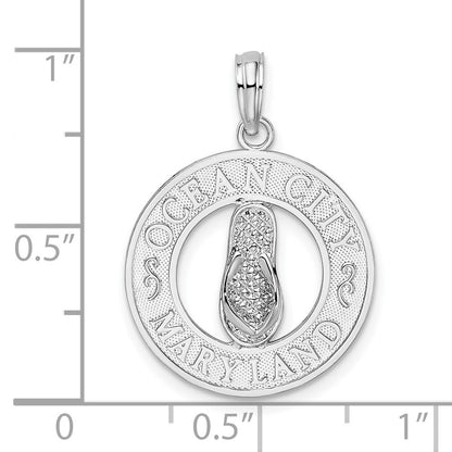 Sterling Silver De-Ani Rhodium-Plated Ocean City Maryland Circle With Flip-Flop Pendant