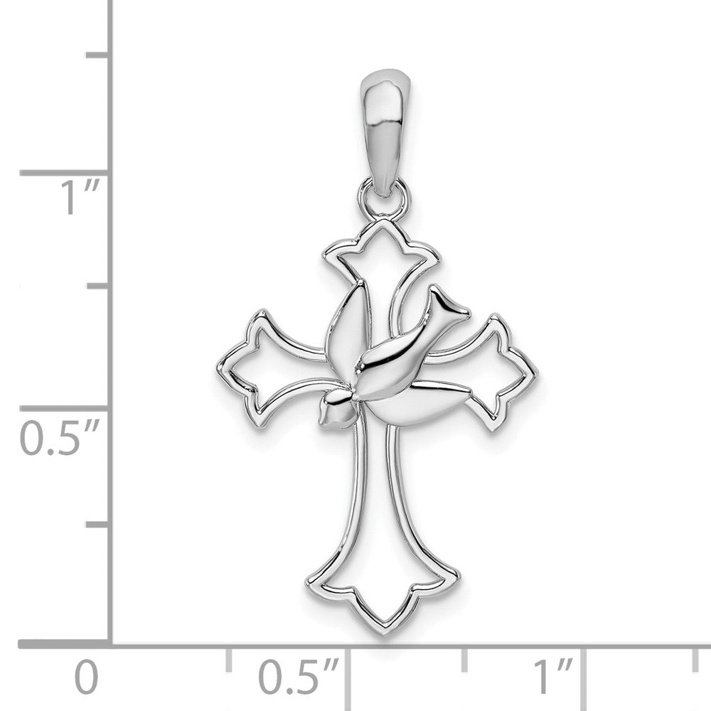 Sterling Silver De-Ani Rhodium-Plated Cut-Out Fleur De Lis Cross With Dove Pendant