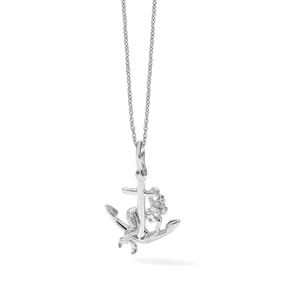 Sterling Silver De-Ani Rhodium-Plated Polished 3D Anchor With Mermaid Pendant