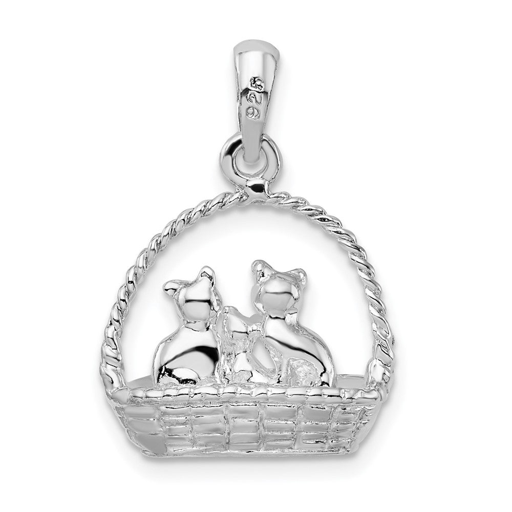Sterling Silver De-Ani Rhodium-Plated Polished 3D Kittens In Basket Pendant
