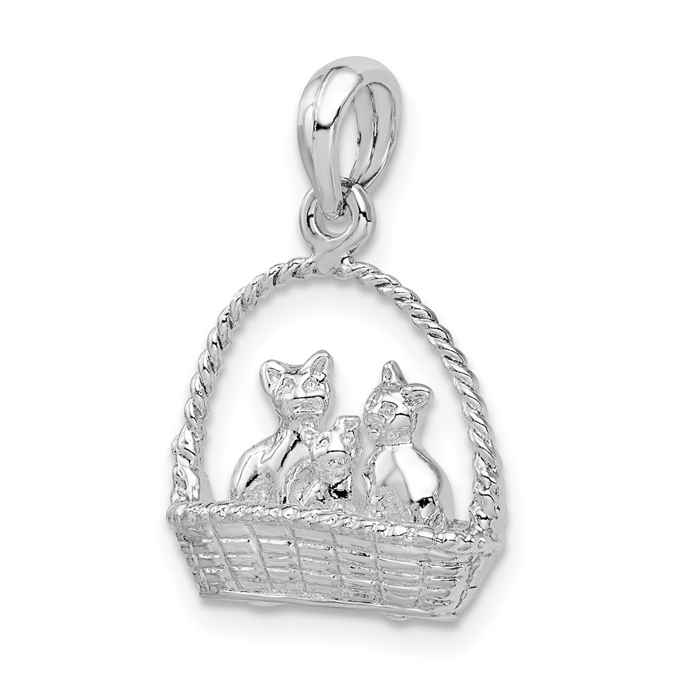 Sterling Silver De-Ani Rhodium-Plated Polished 3D Kittens In Basket Pendant