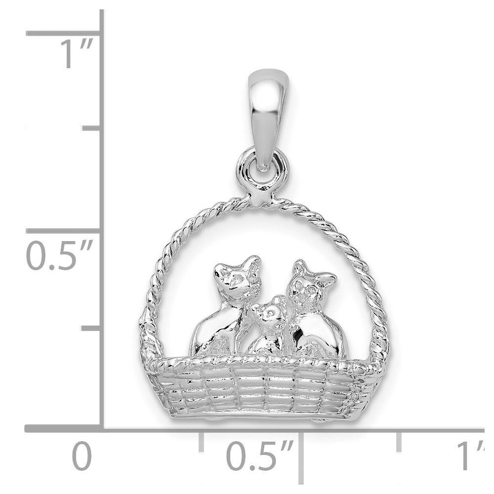 Sterling Silver De-Ani Rhodium-Plated Polished 3D Kittens In Basket Pendant