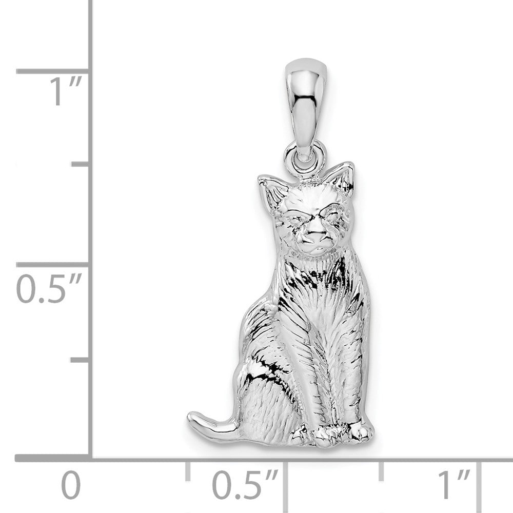 Sterling Silver De-Ani Rhodium-Plated Textured Sitting Cat Pendant