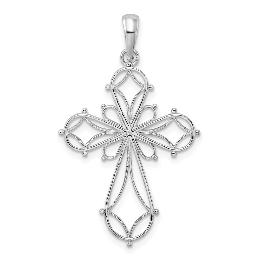Sterling Silver De-Ani Rhodium-Plated Fancy Cut-Out Rounded Cross Pendant