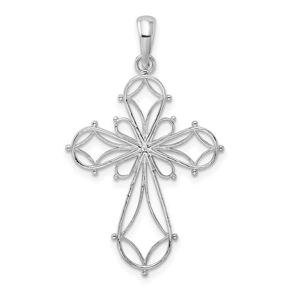 Sterling Silver De-Ani Rhodium-Plated Fancy Cut-Out Rounded Cross Pendant