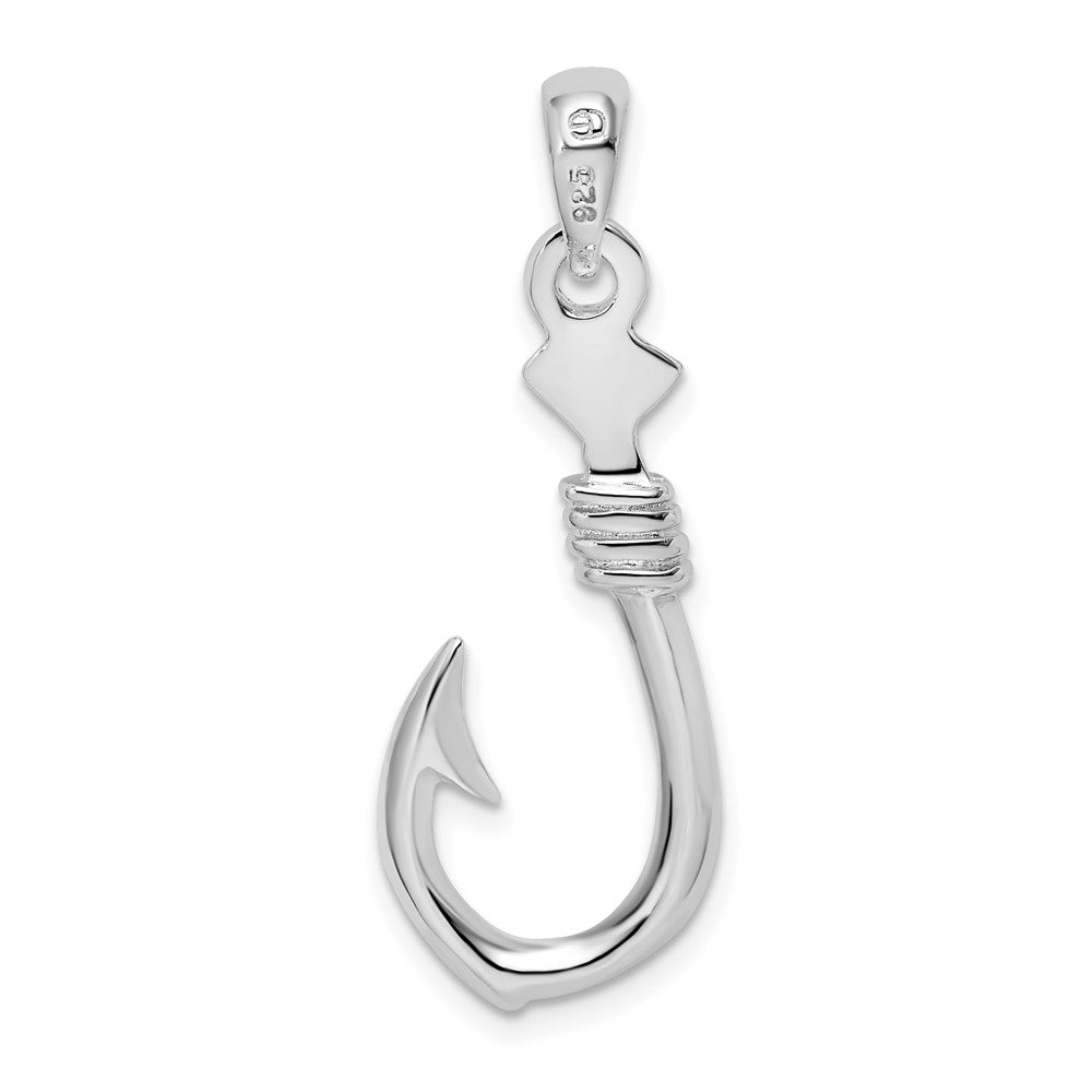 Sterling Silver De-Ani Rhodium-Plated Polished 3D Large Fish Hook With Rope Pendant