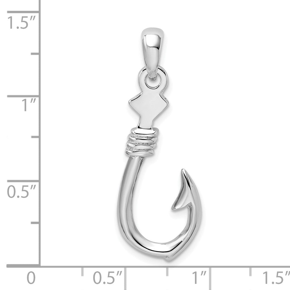 Sterling Silver De-Ani Rhodium-Plated Polished 3D Large Fish Hook With Rope Pendant