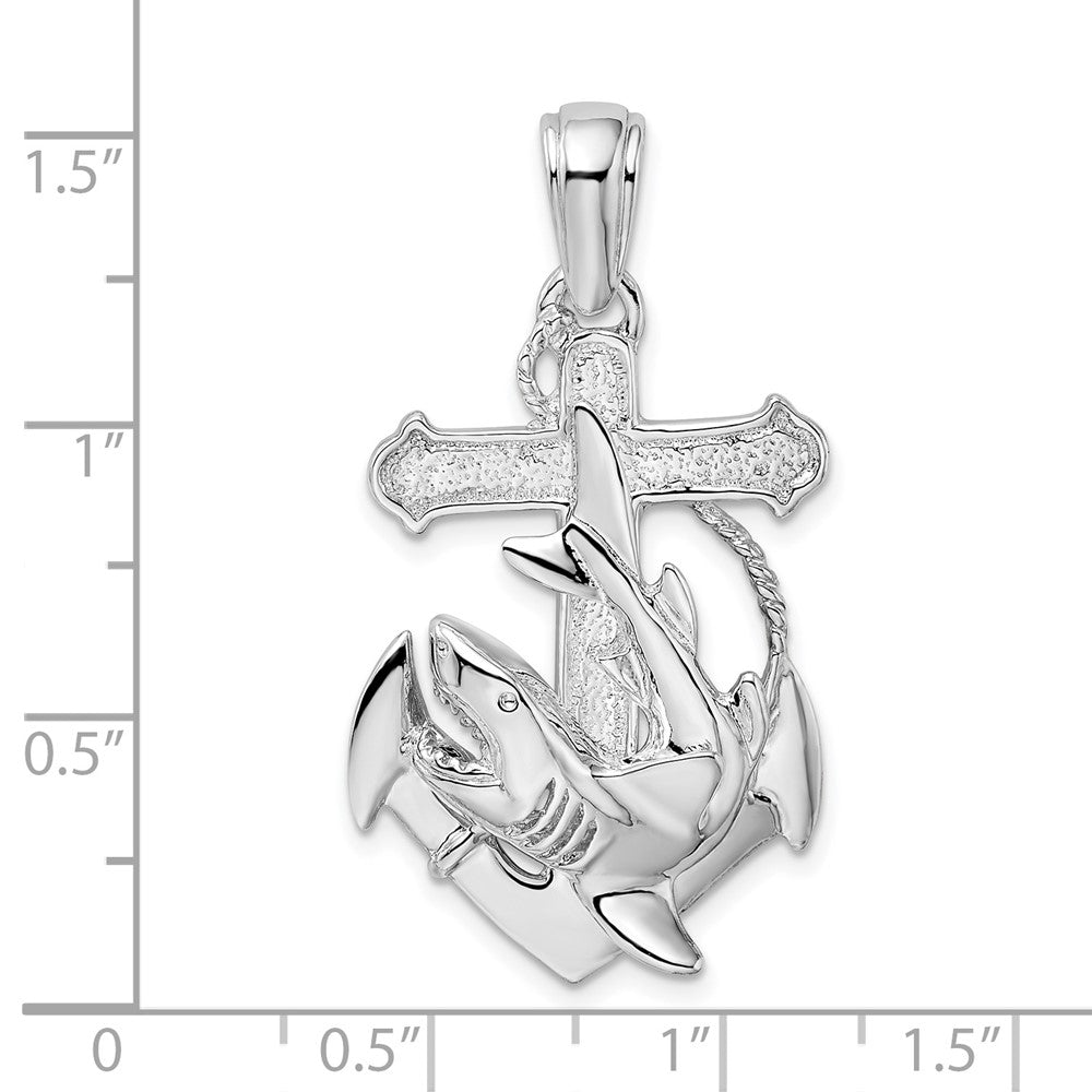 Sterling Silver De-Ani Rhodium-Plated Polished Anchor With Shark Pendant