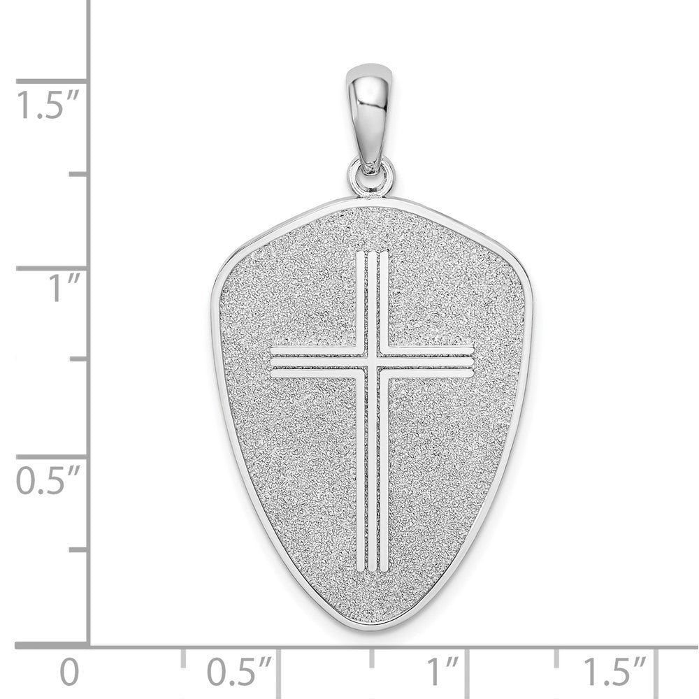 Sterling Silver De-Ani Rhodium-Plated Textured Cross Shield Joshua 1:9 Reverse Pendant