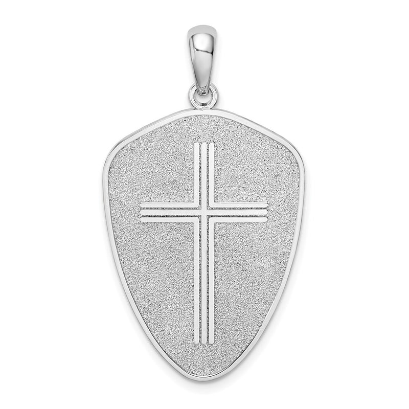 Sterling Silver De-Ani Rhodium-Plated Textured Cross Shield Joshua 1:9 Reverse Pendant