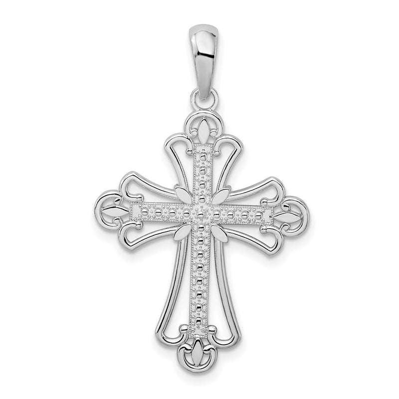 Sterling Silver De-Ani Rhodium-Plated Polished Beaded Fleur De Lis Cross Pendant