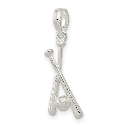 Sterling Silver De-Ani Rhodium-Plated Polished Baseball Bats And Ball Pendant