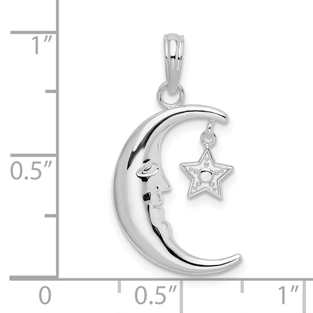 Sterling Silver De-Ani Rhodium-Plated Moveable Polished Crescent Moon With Star Pendant