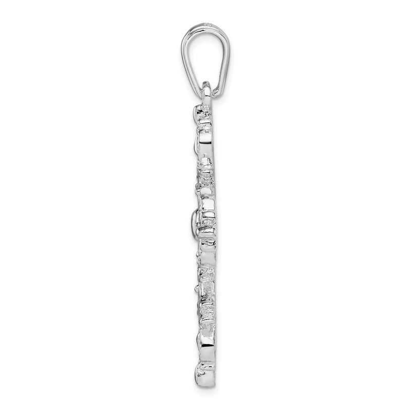 Sterling Silver De-Ani Rhodium-Plated Polished And Textured Fleur De Lis Cross Pendant