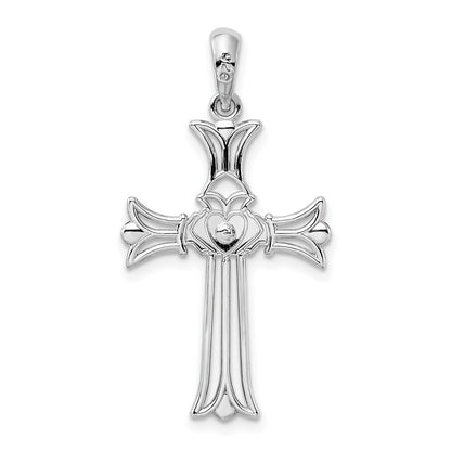 Sterling Silver De-Ani Rhodium-Plated Polished Cut-Out Claddagh Cross Pendant