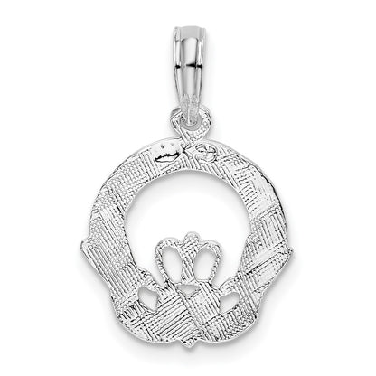 Sterling Silver De-Ani Rhodium-Plated Polished And Textured Claddagh Circle Pendant
