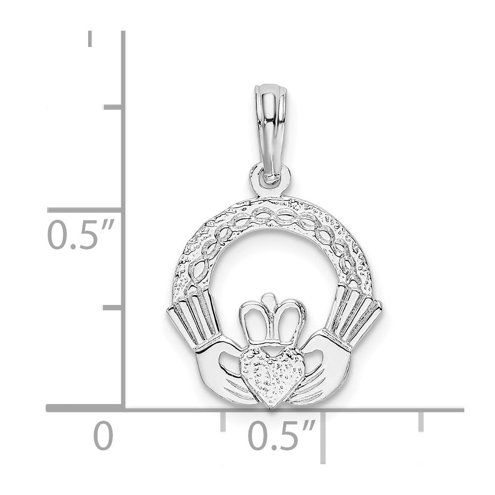 Sterling Silver De-Ani Rhodium-Plated Polished And Textured Claddagh Circle Pendant