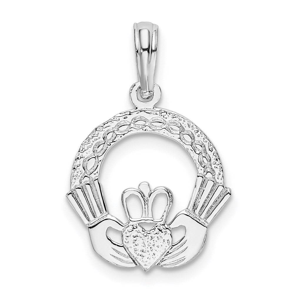 Sterling Silver De-Ani Rhodium-Plated Polished And Textured Claddagh Circle Pendant