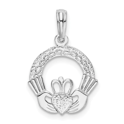 Sterling Silver De-Ani Rhodium-Plated Polished And Textured Claddagh Circle Pendant
