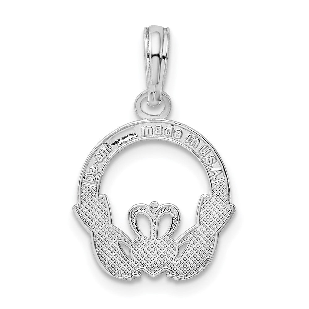 Sterling Silver De-Ani Rhodium-Plated Polished Claddagh Circle Pendant