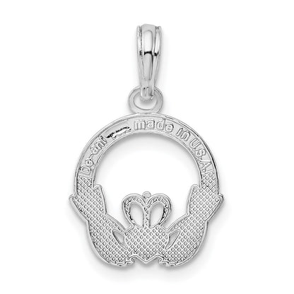 Sterling Silver De-Ani Rhodium-Plated Polished Claddagh Circle Pendant