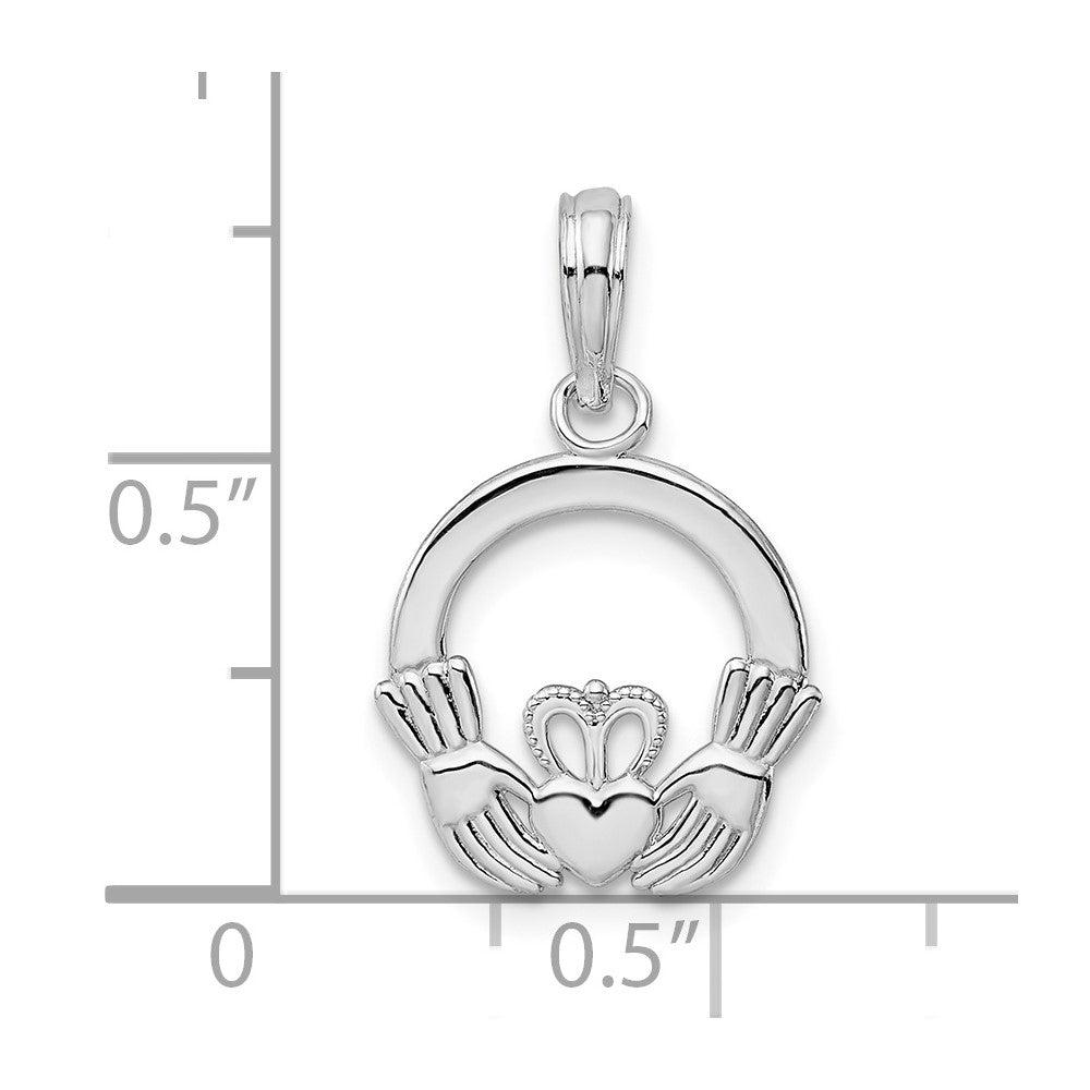 Sterling Silver De-Ani Rhodium-Plated Polished Claddagh Circle Pendant