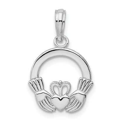 Sterling Silver De-Ani Rhodium-Plated Polished Claddagh Circle Pendant