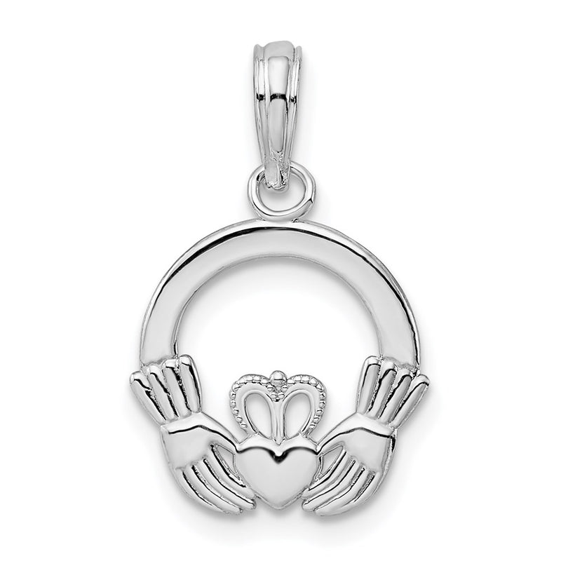 Sterling Silver De-Ani Rhodium-Plated Polished Claddagh Circle Pendant
