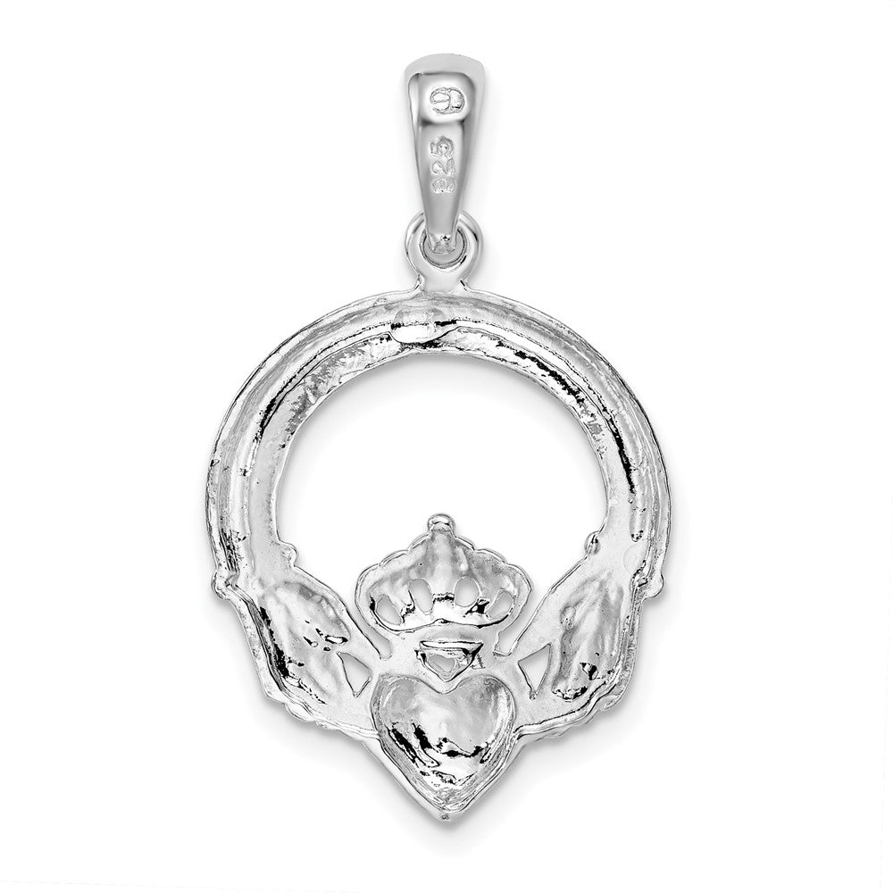 Sterling Silver De-Ani Rhodium-Plated Polished Large Claddagh Circle Pendant