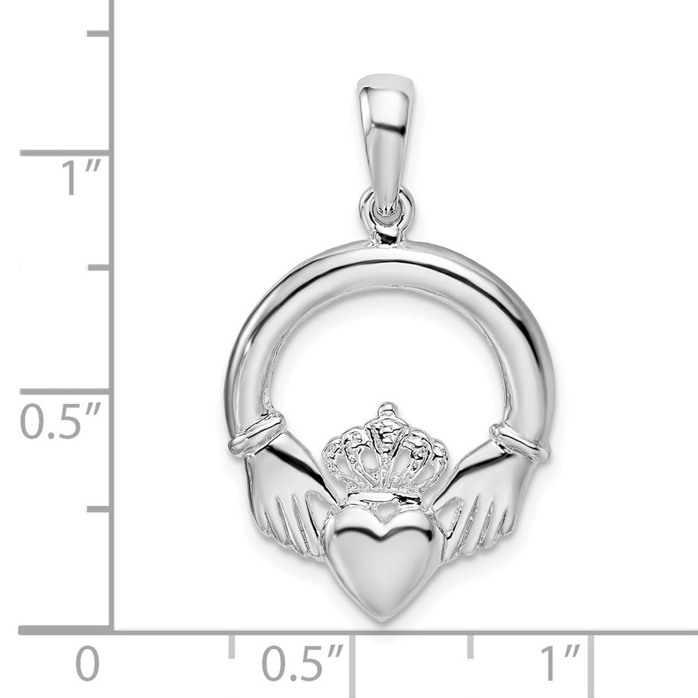 Sterling Silver De-Ani Rhodium-Plated Polished Large Claddagh Circle Pendant