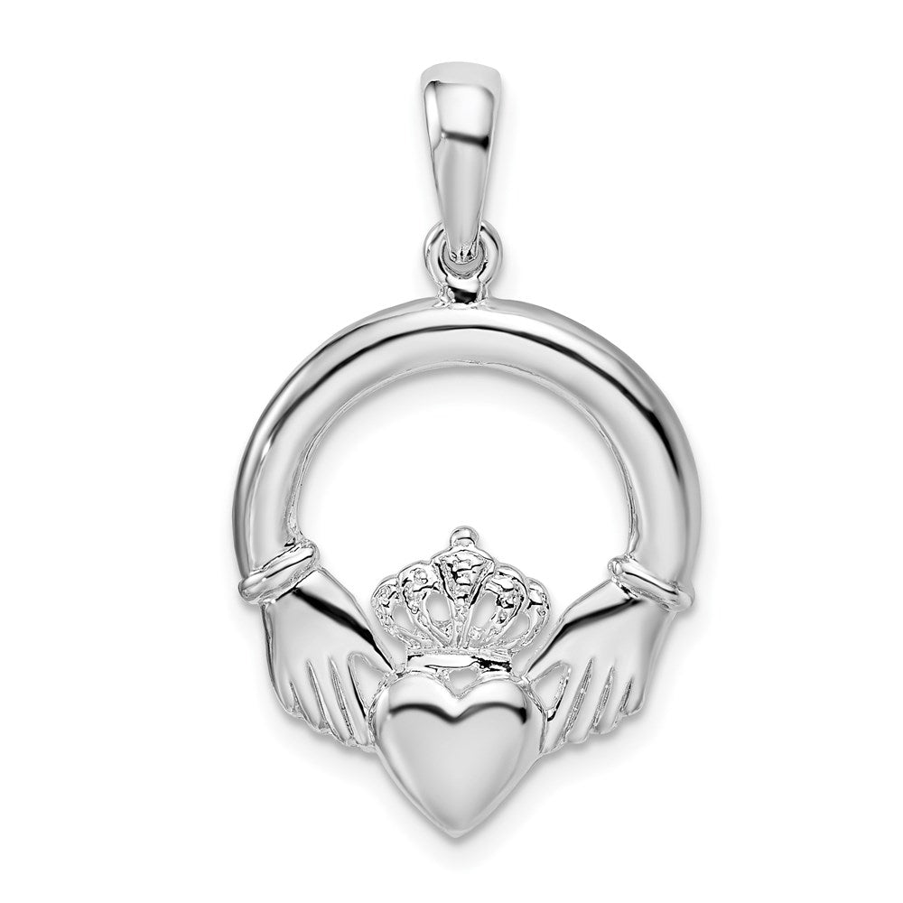 Sterling Silver De-Ani Rhodium-Plated Polished Large Claddagh Circle Pendant