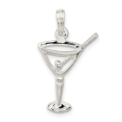 Sterling Silver De-Ani Rhodium-Plated Polished Cut-Out Martini With Olive Pendant
