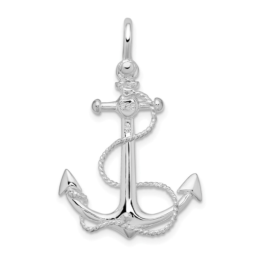Sterling Silver De-Ani Rhodium-Plated Polished 3D Anchor With Rope Pendant