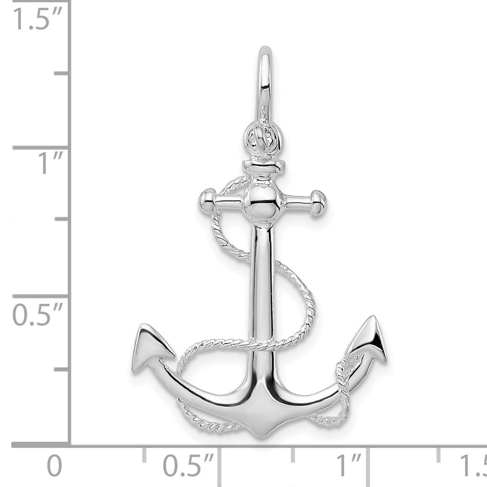 Sterling Silver De-Ani Rhodium-Plated Polished 3D Anchor With Rope Pendant